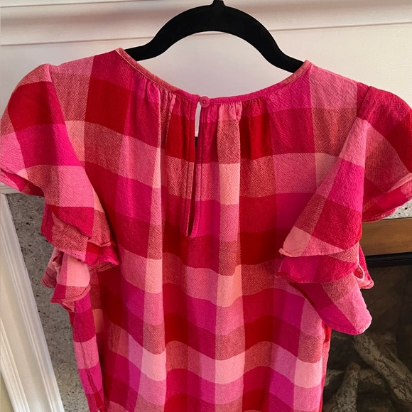 KATE SPADE PICNIC WOVEN FLUTTER-SLEEVE TOP LINEN BLEND DEEP HIBISCUS MULTI  L - Picture 8 of 15